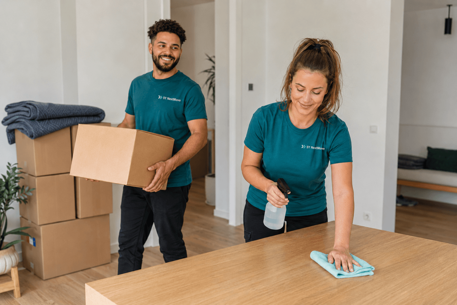 Team van SY NextMove in bedrijfskleding helpt met schoonmaak en verhuizing